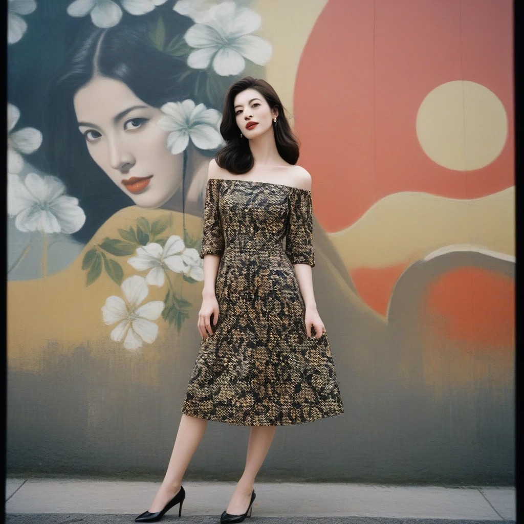 Close up portrait of a gorgeous young beautiful face Korean girls, still from the film, ((solo)), (Anne Hathaway look alike face: 0.9), in a vintage retro 60s print dress, in a vintage retro 60s print dress, wearing high heels, posing in front of a pretty 60s mural, Leica SL3, Summicron-SL 75 f/2 ASPH, kodak gold 200 film, bare shoulder, dynamic action pose,