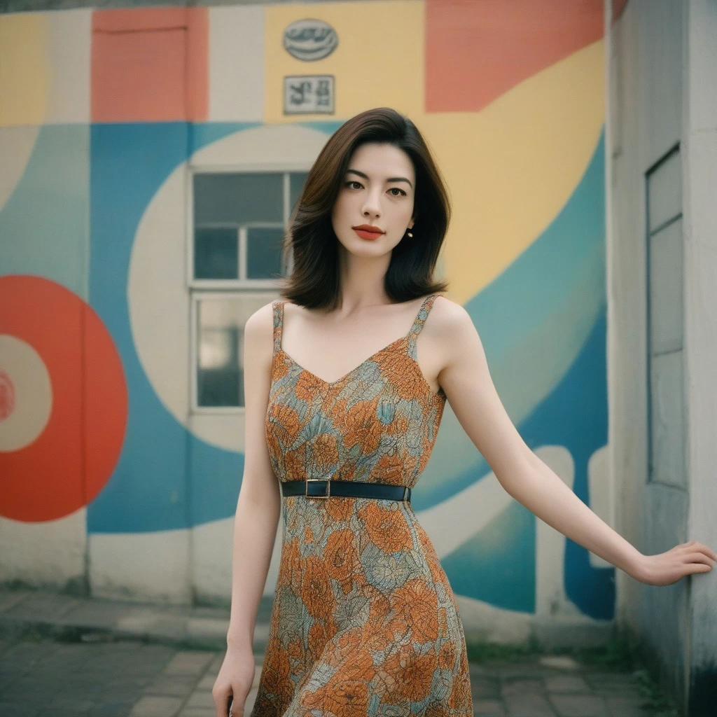 Close up portrait of a gorgeous young beautiful face Korean girls, still from the film, ((solo)), (Anne Hathaway look alike face: 0.9), in a vintage retro 60s print dress, in a vintage retro 60s print dress, wearing high heels, posing in front of a pretty 60s mural, Leica SL3, Summicron-SL 75 f/2 ASPH, kodak gold 200 film, bare shoulder, dynamic action pose,