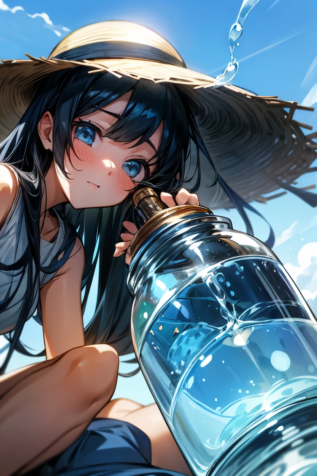 (Ramune jar),(summer),(blue sky),(Long Black Hair),(girl),(refreshing)