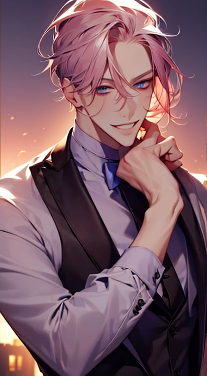 (best quality,4k,8k,highres,masterpiece:1.2),ultra-detailed,(realistic,photorealistic,photo-realistic:1.37),1 man,31 years old,mature man,very handsome,without expression,smile,short grey pink hair,blue eyes,penetrating gaze,perfect face without errors,imposing posture,businessman,office background,cinematic lighting,hdr image