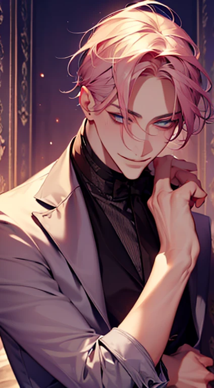 (best quality,4k,8k,highres,masterpiece:1.2),ultra-detailed,(realistic,photorealistic,photo-realistic:1.37),1 man,31 years old,mature man,very handsome,without expression,smile,short grey pink hair,blue eyes,penetrating gaze,perfect face without errors,imposing posture,businessman,office background,cinematic lighting,hdr image