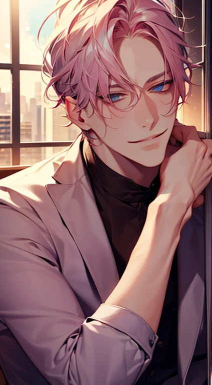 (best quality,4k,8k,highres,masterpiece:1.2),ultra-detailed,(realistic,photorealistic,photo-realistic:1.37),1 man,31 years old,mature man,very handsome,without expression,smile,short grey pink hair,blue eyes,penetrating gaze,perfect face without errors,imposing posture,businessman,office background,cinematic lighting,hdr image