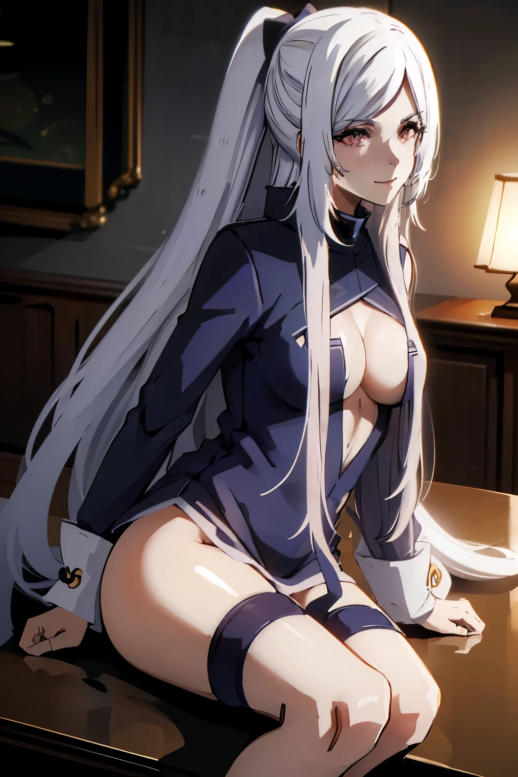 Alexia Midgar, Anime, The Eminence in Shadow, Quality, Ultra High Definition, (Photorealistic:1.4),Sunset Light, Ponytail, Detailed Photo, Smiling, Sexy, Facing Camera, Close-up (Masterpiece: 1.3), (8K, Photorealistic, Best Quality: 1.4), (1girl), Beautiful Face, (white Hair, long Hair: 1.3), Beautiful Hairstyle, Realistic eyes, beautiful detail eyes, (realistic skin), beautiful skin, (sweater), absurd, attractive, ultra high resolution, ultra realistic, high definition, golden ratio