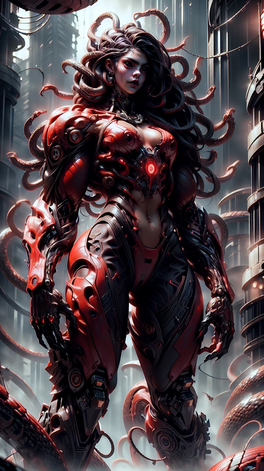 (beautiful girl:1.25), (megan fox:1.25), (young bodybuilder girl wearing cybernetic muscle suit:1.25), (medusa head with snakes for hair), carnage muscular physique, seductive face, mouth wide open carnage style, long red hair, perfect muscular body, super skinny legs, sissy, femboy, (carnage style physique)