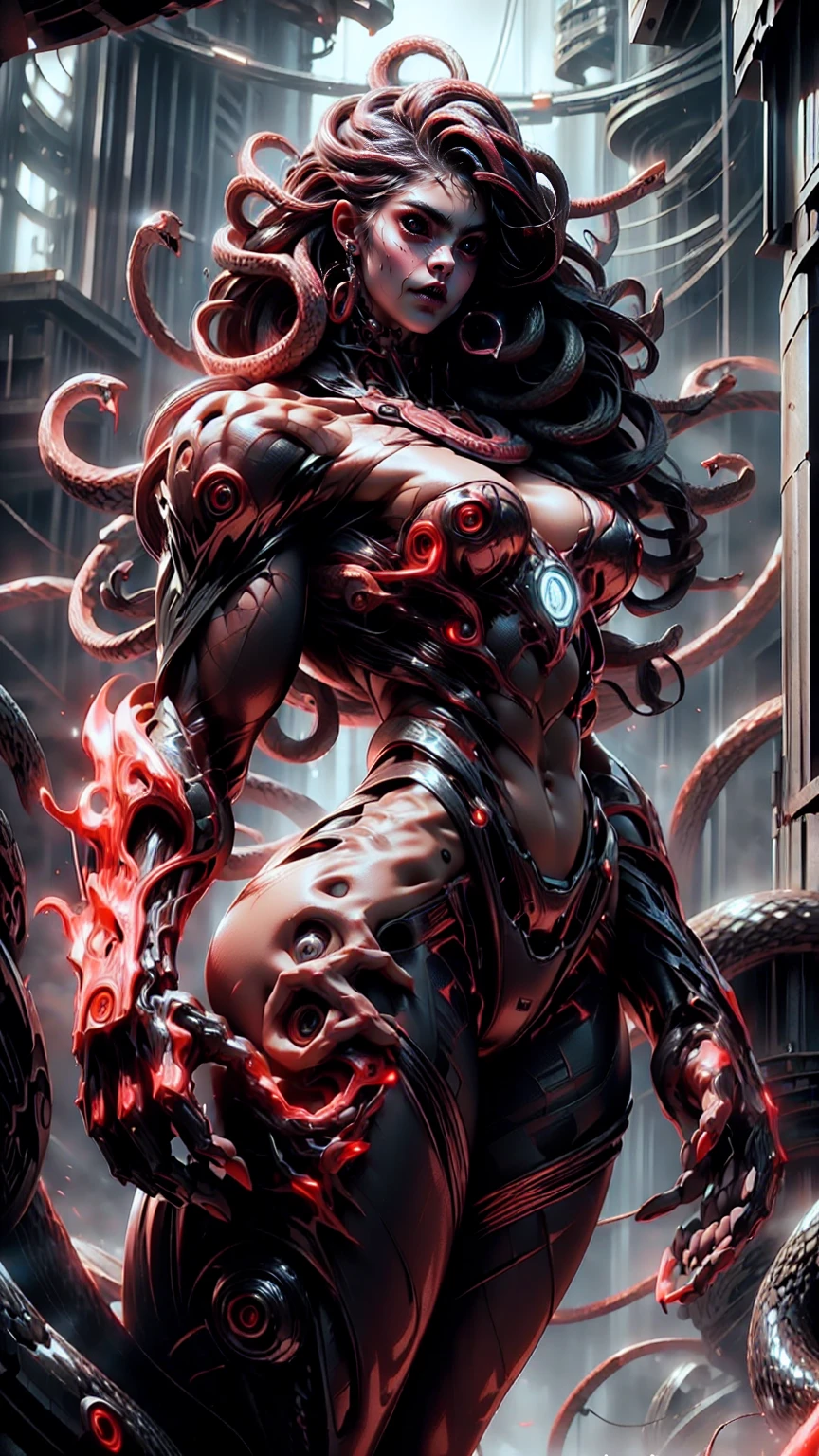 (beautiful girl:1.25), (megan fox:1.25), (young bodybuilder girl wearing cybernetic muscle suit:1.25), (medusa head with snakes for hair), carnage muscular physique, seductive face, mouth wide open carnage style, long red hair, perfect muscular body, super skinny legs, sissy, femboy, (carnage style physique)