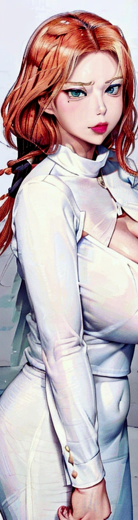 {8k image}, 1beautiful woman, 40 years old (milf), amber eyes, busty, heavy upper lips and pointed nose, neckline,white shirt,looking angrily at the spectator, {centered image}, the camera, looking directly at the camera, manhwa art style, vivid colors,