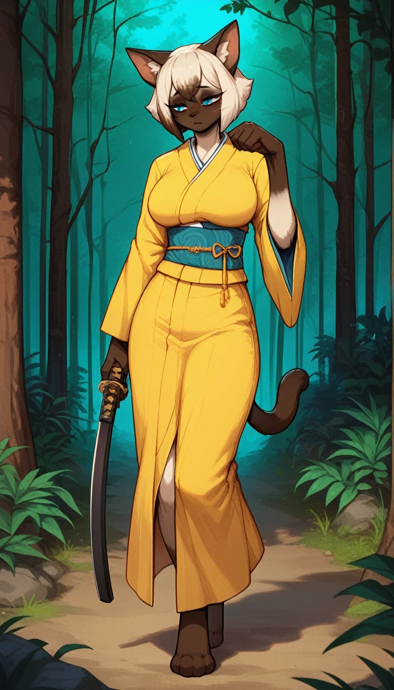 Half-closed eyes, tired expression, 1girl, anthro, furry, fur, fluffy fur, siamese cat, cat girl, japanese forest background, white hair (brown highlights), blue eyes, short hair, full body, (19 years), big breast, thicc thighs, solo, (japanese forest), half-closed eyes, detailed, yellow kimono, shy, night, holding a katana, score_9, score_8_up, score_7_up, score_6_up, score_5_up, score_4_up