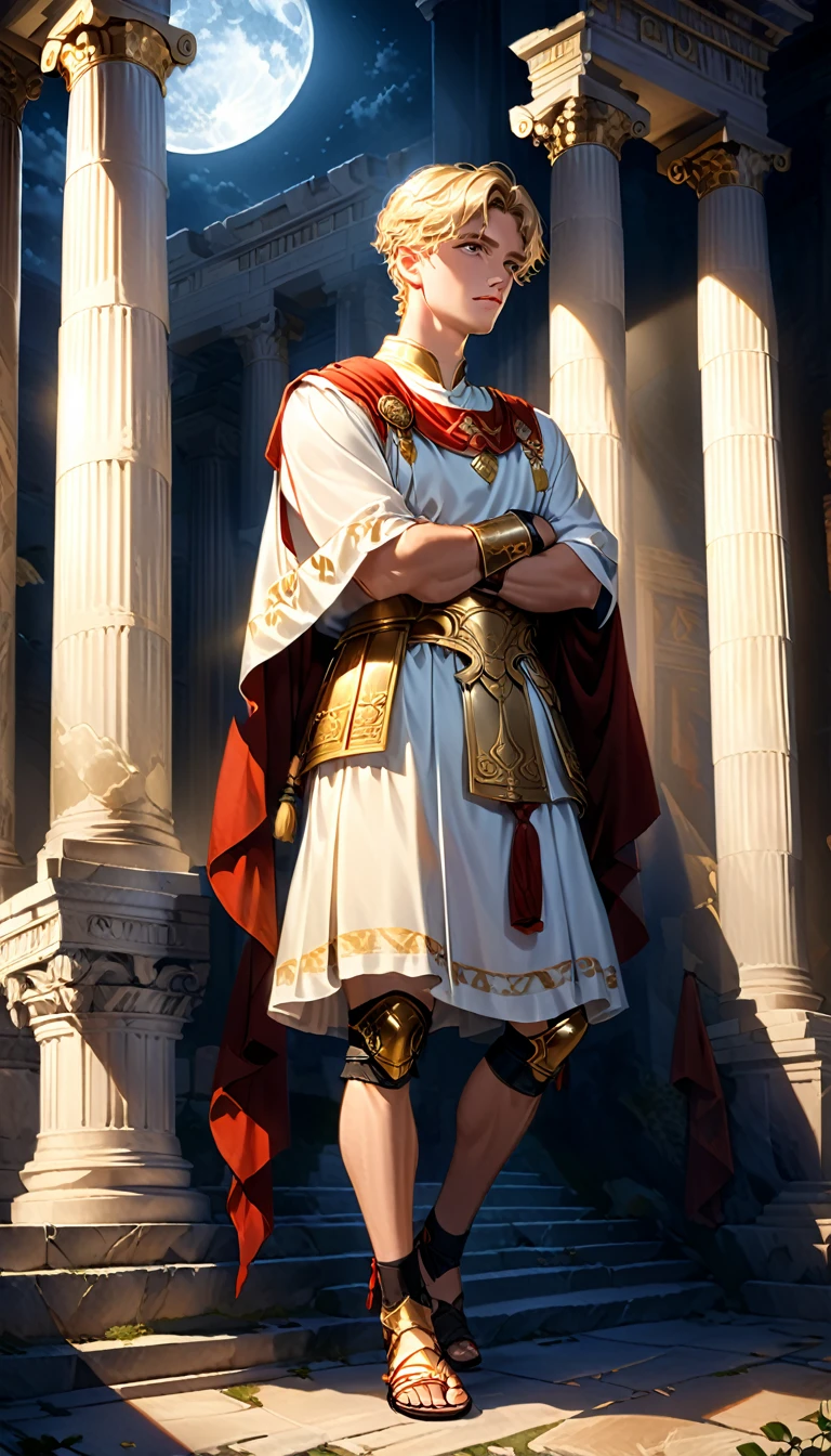 Handsome young blond man, around 20 years old, Roman soldier, liturgical uniform, he is wearing Roman sandals and calf and knee pads, full-body image, ancient Greek temple, He was standing, leaning against a pillar, thinking deeply, arms folded, weight on one leg, the other slightly bent, late night inside the temple (dark: 1.3) (unlit: 1.2), moonlight shining in at an angle and illuminating him clearly.
Highly detailed, photorealistic, realistic lighting, intricate architecture, ornate decor, cool color palette, gold accents, soft fabric textures, seductive facial expression, graceful pose, cinematic composition, natural lighting, realistic shadows, mysterious atmosphere, hyperrealistic, award-winning art