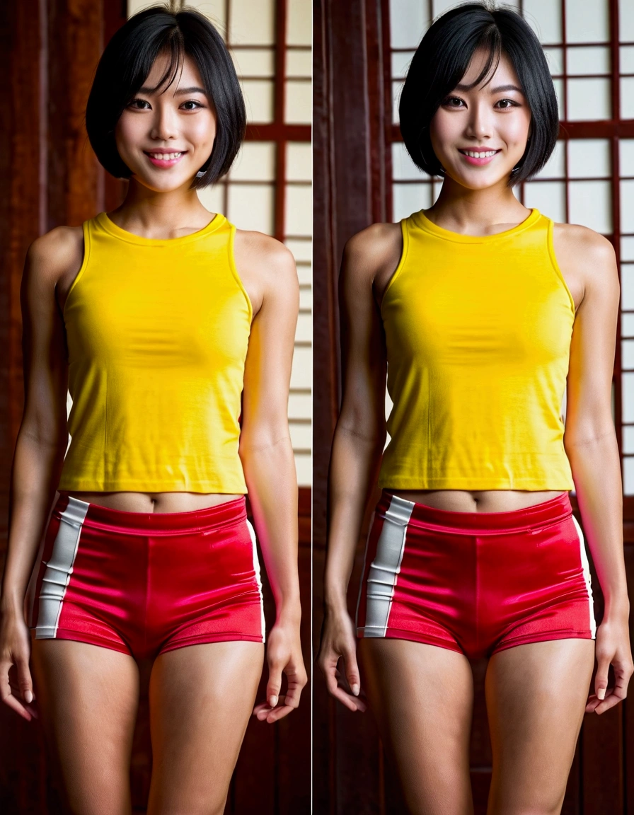 Two Japanese、、One has very short legs、There is a height difference between the two、Toned muscles and smooth skin、Very short black hair、Relaxed smile with wide open mouth、Show off your healthy muscles、One is short and has short limbs.、Place your hands behind your back、The whole body is well visible、Colorful Lower Body Expansion