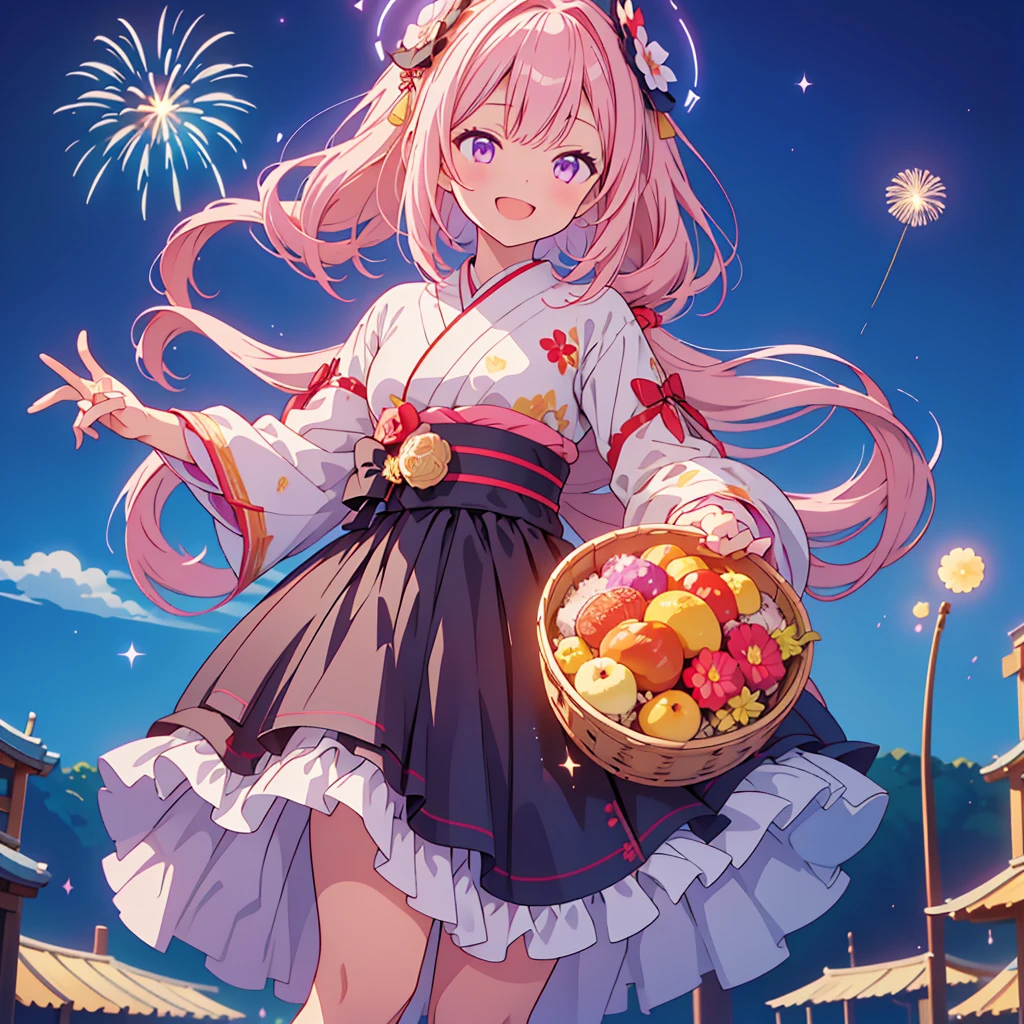1girl、fireworkの妖精、(((Highest quality、Masterpiece、Official Art、超detailed、The best dynamic composition)))、人生最高のsmile、fluffy、Sparkling、はじけるsmile、Capture the moment of jumping for joy、happiness、happiness、joy、smile、Laughing with mouth open、Gothic Lolita kimono remade from kimono、Lots of frillilky Way、Seven-color gradient hair color、firework、Night Sky、Absurd、超巨大なfirework、detailed、