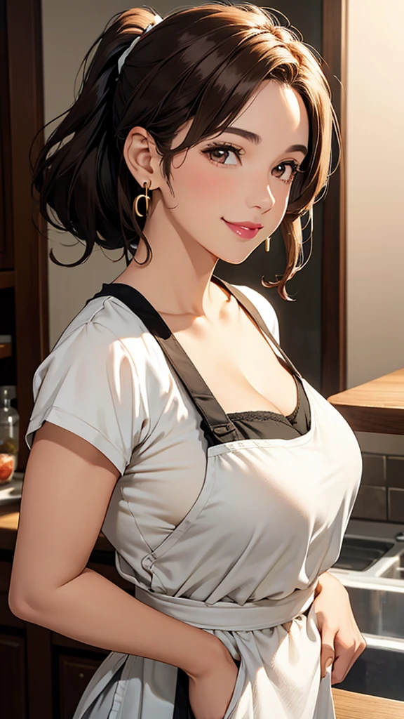 Female 26 years old,housewife,Sunlight,Smile,put on lipstick,light brown short curly hair,Tie a ponytail on the left side,Slightly plump,half moon earrings,Close-up photo of face,Home apron,Large Breasts