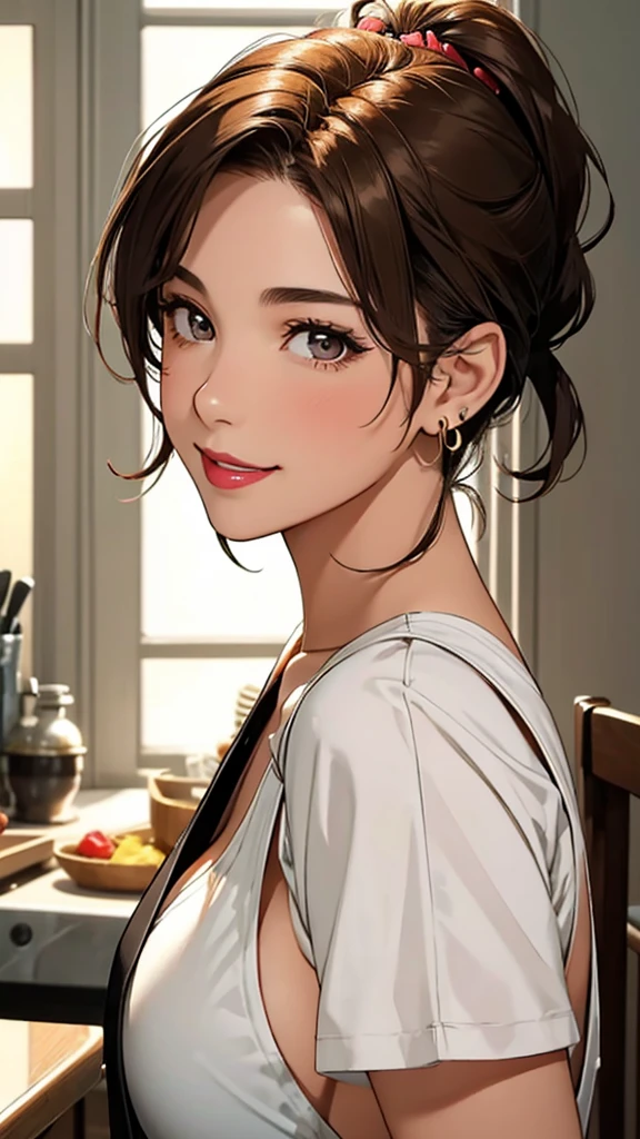 Female 26 years old，housewife，Sunlight，Smile，put on lipstick，light brown short curly hair，Tie a ponytail on the left side，Slightly plump，half moon earrings，Close-up photo of face，Home apron，Large Breasts