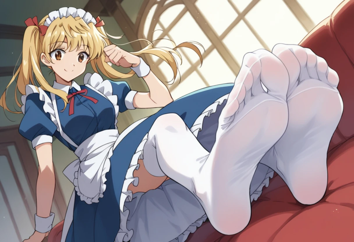  sawachika eri, twintail,sawachika eri, twintails, long hair, blonde hair, brown eyes, hair ribbon,smile, hair ribbon,, bob cut, smile, maid, blue dress, maid apron, maid headdress, red neck ribbon, puffy short sleeves, white wristband, white thighhighs, dutch angle, score_9, score_8_up, score_7_up, score_6_up, anime coloring,Seated pose, focus on soles of feet