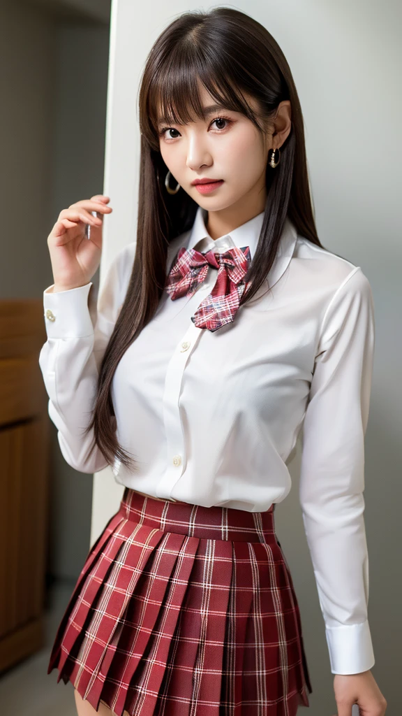 1 girl, national foundation, ((8k, raw, masterpiece: 1.5)), (Professional photography, sharp:1.2), Perfect dynamic composition, (Natural sun light), (soft shadow), (Perfect body:1.4), (((skinny figure))), ((huge round breasts: 1.1)), (((((medium straight hair,bangs))))), Ultra-detailed faces and skin, perfect asian, White skin, (Delicate skin:1.4), (latex skin:0.4), (perfect glowing skin:0.6), light brown eyes, beautiful eyes, round eyes, pretty face, blush, glossy lips, ((plump lips)), glossy eyes, Really moist skin, looking at camera, Elegant pearl necklace, Elegant earrings, minimalist, (((red jk suit, plaid skirt, pleated skirt, shirt, bowtie)))