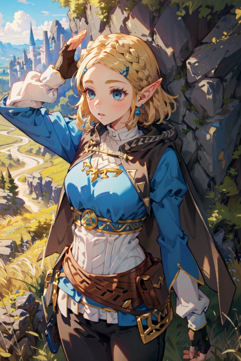 ((Masterpiece, top quality, high resolution)), ((highly detailed CG unified 8K wallpaper)), 1girl, Princess Zelda, short hair, crown braid, hairclip, pointy ears, brown cape, blue shirt, puffy sleeves, long sleeves, fingerless gloves, black gloves, black pants, tight pants, aazelda, long hair, crown braid, hairclip, pointy ears, blue shirt, long sleeves, fingerless gloves, black gloves, black pants, tight pants sweating, outdoors, grass, meadow, cliffs, stony,