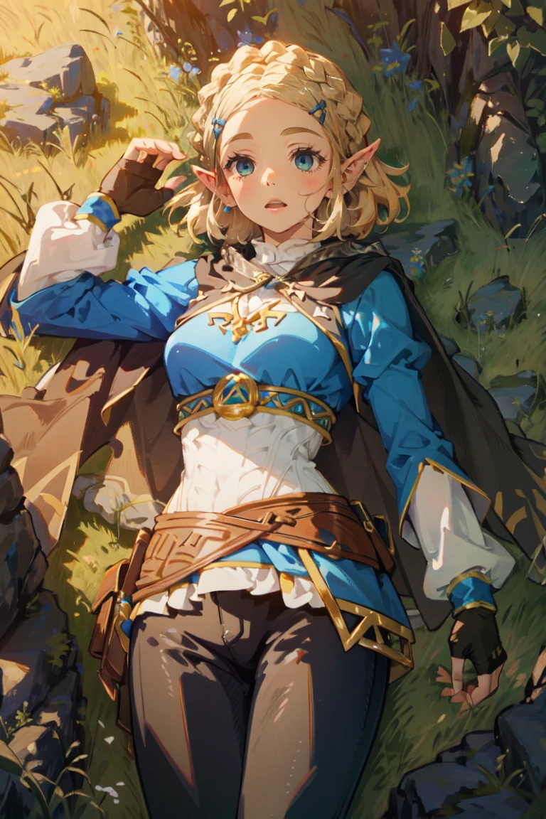 ((Masterpiece, top quality, high resolution)), ((highly detailed CG unified 8K wallpaper)), 1girl, Princess Zelda, short hair, crown braid, hairclip, pointy ears, brown cape, blue shirt, puffy sleeves, long sleeves, fingerless gloves, black gloves, black pants, tight pants, aazelda, long hair, crown braid, hairclip, pointy ears, blue shirt, long sleeves, fingerless gloves, black gloves, black pants, tight pants sweating, outdoors, grass, meadow, cliffs, stony,