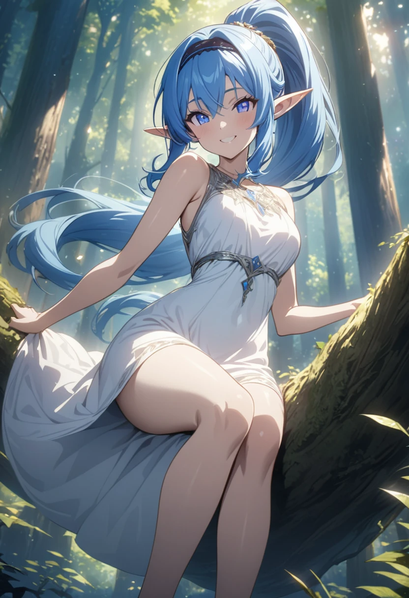 score_9, score_8_up, score_7_up, best quality, masterpiece, 4k, prefect lighting, rating_explicit, very aesthetic, source_anime, forest background, (Dynamic Angle), 1girl, fairy, bratty, small breasts, electric blue hair, violet eyes, smug expression, translucent wings, edgy and fashionable attire, bold colors, leather accents, and spiked jewelry.