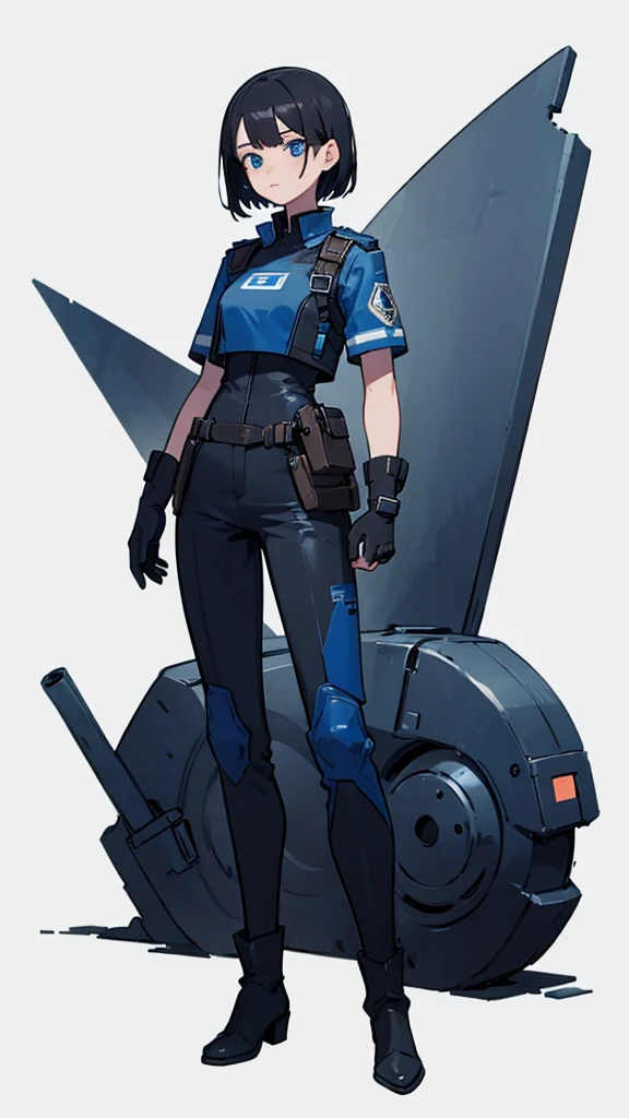 1,An android that resembles a human,Deep blue eyes,Short black hair,Dark blue uniform,Island symbol on chest,Armband on right arm,gloves,Dark blue pants for easy movement,Many side pockets,Black leather boots,badge,White background,whole body,Character portrait,