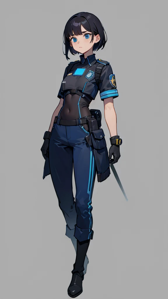 1,An android that resembles a human,Deep blue eyes,Short black hair,Dark blue uniform,Island symbol on chest,Armband on right arm,gloves,Dark blue pants for easy movement,Many side pockets,Black leather boots,badge,White background,whole body,Character portrait,