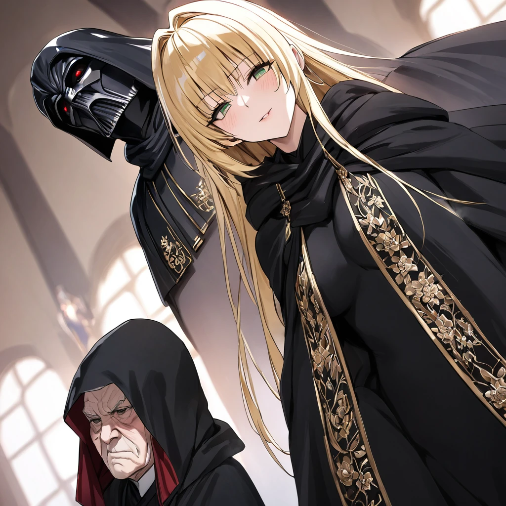 ((Highest quality)), ((masterpiece)), (detailed), （Perfect Face）、The woman is a thief with green eyes and medium-long blonde hair. She is wearing a gorgeous black wedding dress with gorgeous gold embroidery and trim, a black wedding veil, and an engagement ring.、The woman is in a wedding ceremony with Emperor Palpatine、The woman is standing close to the Emperor, and the dignified old Emperor Palpatine is holding the woman close to him as they hold their wedding ceremony.、The man is Darth Sidious, Emperor Palpatine, Dark Lord of the Sith, a wrinkled, dignified, ugly old man wearing a black hooded robe.