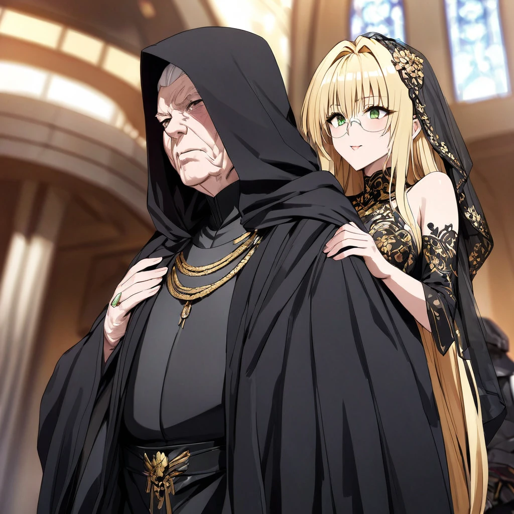 ((Highest quality)), ((masterpiece)), (detailed), （Perfect Face）、The woman is a thief with green eyes and medium-long blonde hair. She is wearing a gorgeous black wedding dress with gorgeous gold embroidery and trim, a black wedding veil, and an engagement ring.、The woman is married to Emperor Palpatine in a lavish space empire church.、The woman is standing close to the Emperor, and the dignified old Emperor Palpatine is holding the woman close to him as they hold their wedding ceremony.、The man is Darth Sidious, Emperor Palpatine, Dark Lord of the Sith, a wrinkled, dignified, ugly old man wearing a black hooded robe.