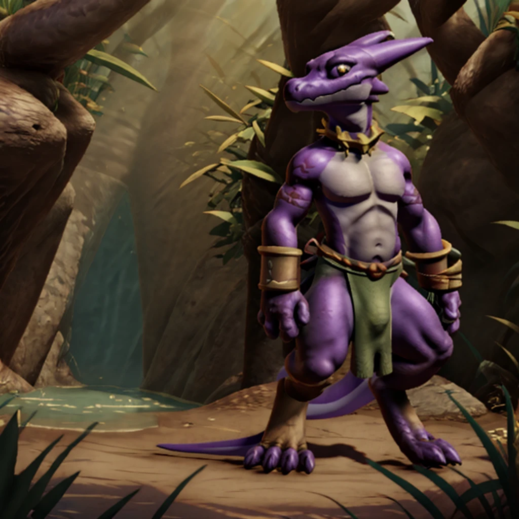Kobold, scalie, black skin, anthro, male, kobold male, men, flat chested, flat breasts, horns, tribal tattoos, womb tattoo, tail, kobold tail, Tribal clothes, Penetrating gaze, Magic staff with animal skull ornament, cuff gold, neck cuff very thick, in a jungle mangrove, slime loincloth, Warlock Kobold, Crotch bulge,