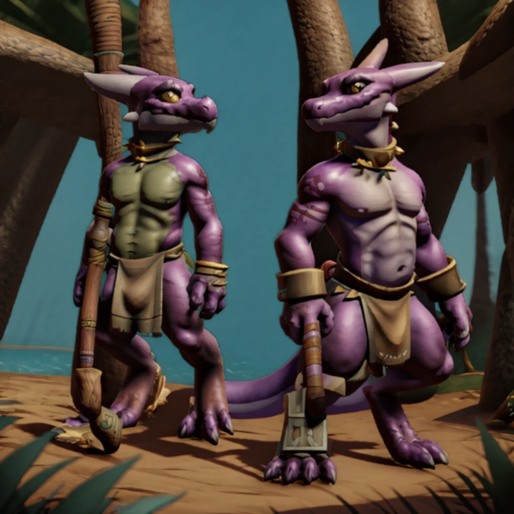 Kobold, scalie, black skin, anthro, male, kobold male, men, flat chested, flat breasts, horns, tribal tattoos, womb tattoo, tail, kobold tail, Tribal clothes, Penetrating gaze, Magic staff with animal skull ornament, cuff gold, neck cuff very thick, in a jungle mangrove, slime loincloth, Warlock Kobold, Crotch bulge,