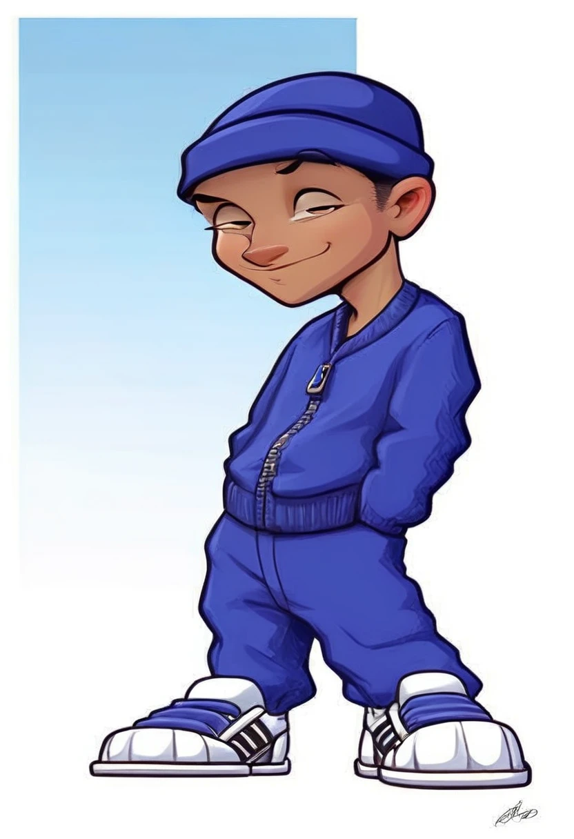 a cartoon boy in a blue outfit and hat standing, in cartoon style, cartoon artworkstyle, caricature, it's going to fuck anime style, cartoon artwork, cartoon style illustration, !!full - length portrait!!, cartoon artwork style, estilo caricaturel, full - length portrait of a short!, cartoon style, cartoon character, digitally colored, cel shaded!!!, Cartoon image, character full - length portrait