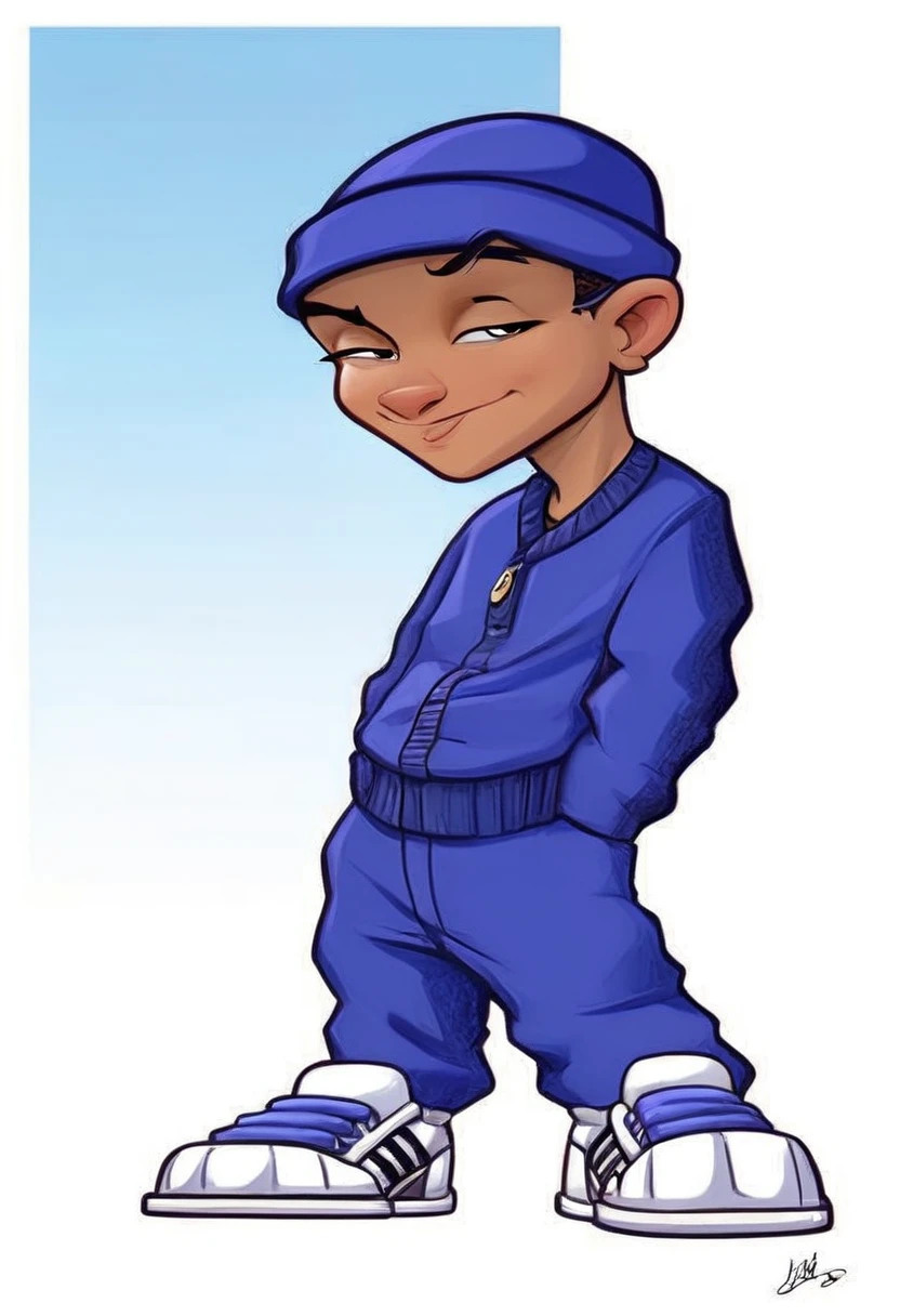 a cartoon boy in a blue outfit and hat standing, in cartoon style, cartoon artworkstyle, caricature, it's going to fuck anime style, cartoon artwork, cartoon style illustration, !!full - length portrait!!, cartoon artwork style, estilo caricaturel, full - length portrait of a short!, cartoon style, cartoon character, digitally colored, cel shaded!!!, Cartoon image, character full - length portrait