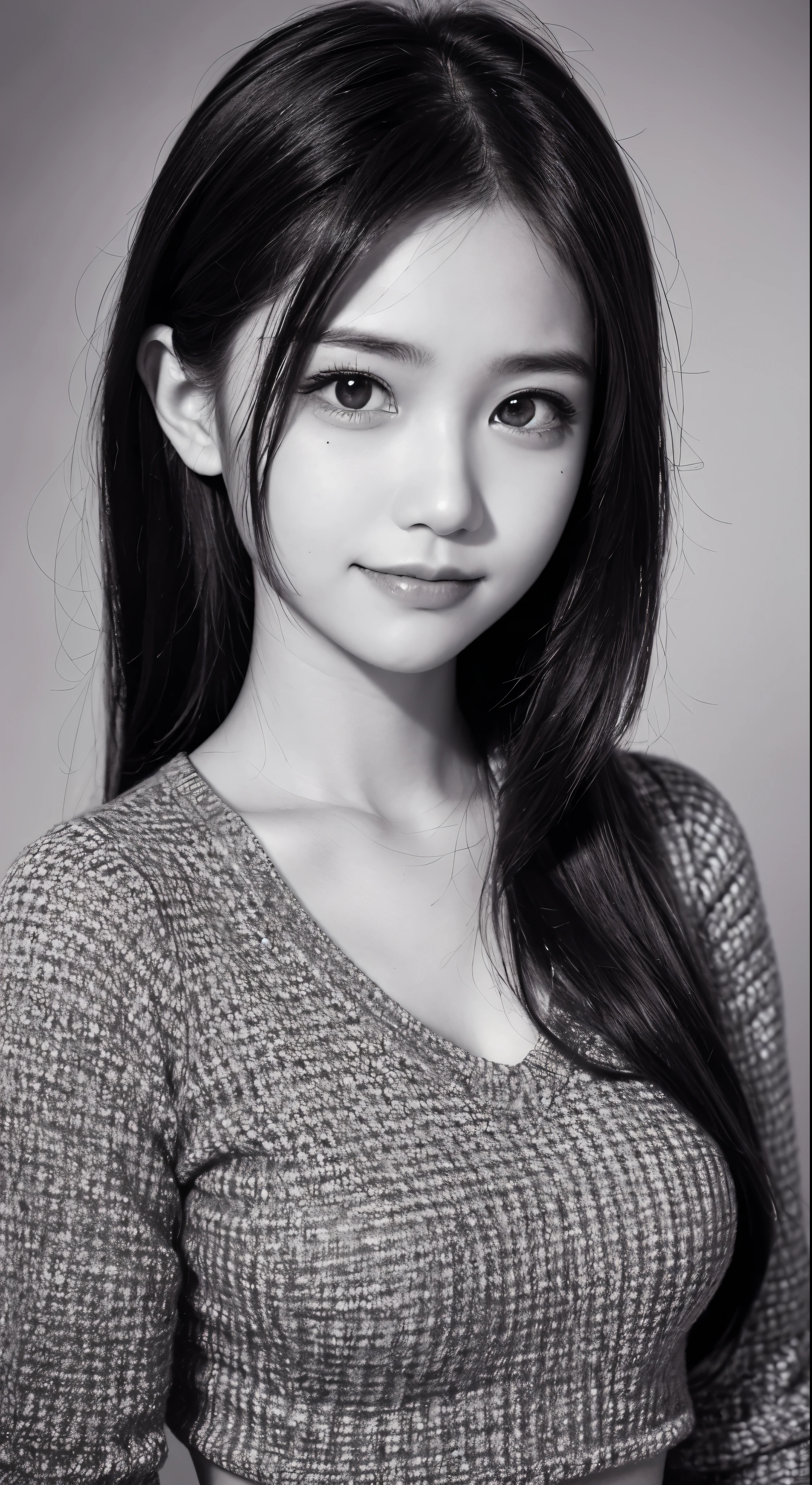 NauSKaaValOfWi, monochrome, greyscale, detailed 1girl, looking at viewer, sad smile, upper body,