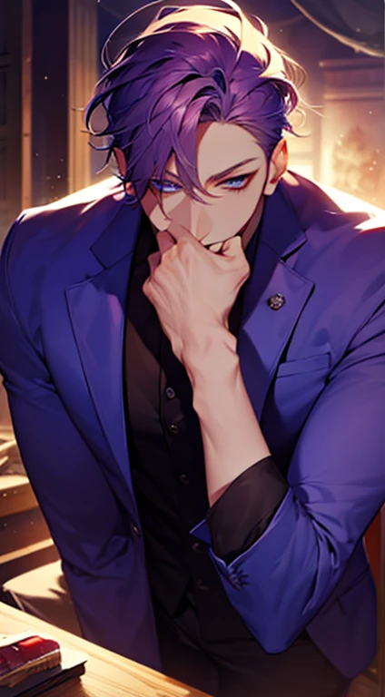 (best quality,4k,8k,highres,masterpiece:1.2),ultra-detailed,(realistic,photorealistic,photo-realistic:1.37),1 man,31 years old,mature man,very handsome,without expression,smile,short purple hair,blue eyes,penetrating gaze,perfect face without errors,imposing posture,businessman,office background,cinematic lighting,hdr image
