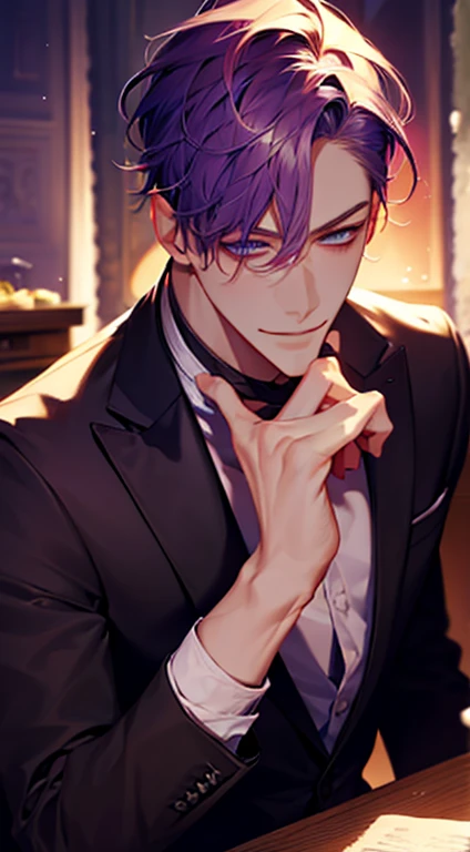 (best quality,4k,8k,highres,masterpiece:1.2),ultra-detailed,(realistic,photorealistic,photo-realistic:1.37),1 man,31 years old,mature man,very handsome,without expression,smile,short purple hair,blue eyes,penetrating gaze,perfect face without errors,imposing posture,businessman,office background,cinematic lighting,hdr image