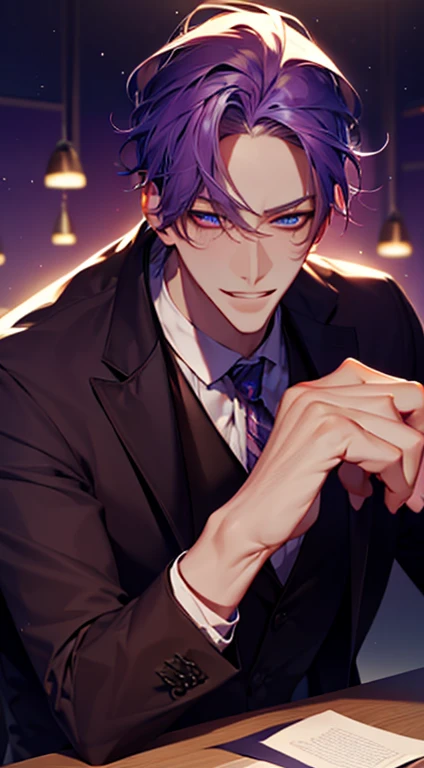 (best quality,4k,8k,highres,masterpiece:1.2),ultra-detailed,(realistic,photorealistic,photo-realistic:1.37),1 man,31 years old,mature man,very handsome,without expression,smile,short purple hair,blue eyes,penetrating gaze,perfect face without errors,imposing posture,businessman,office background,cinematic lighting,hdr image