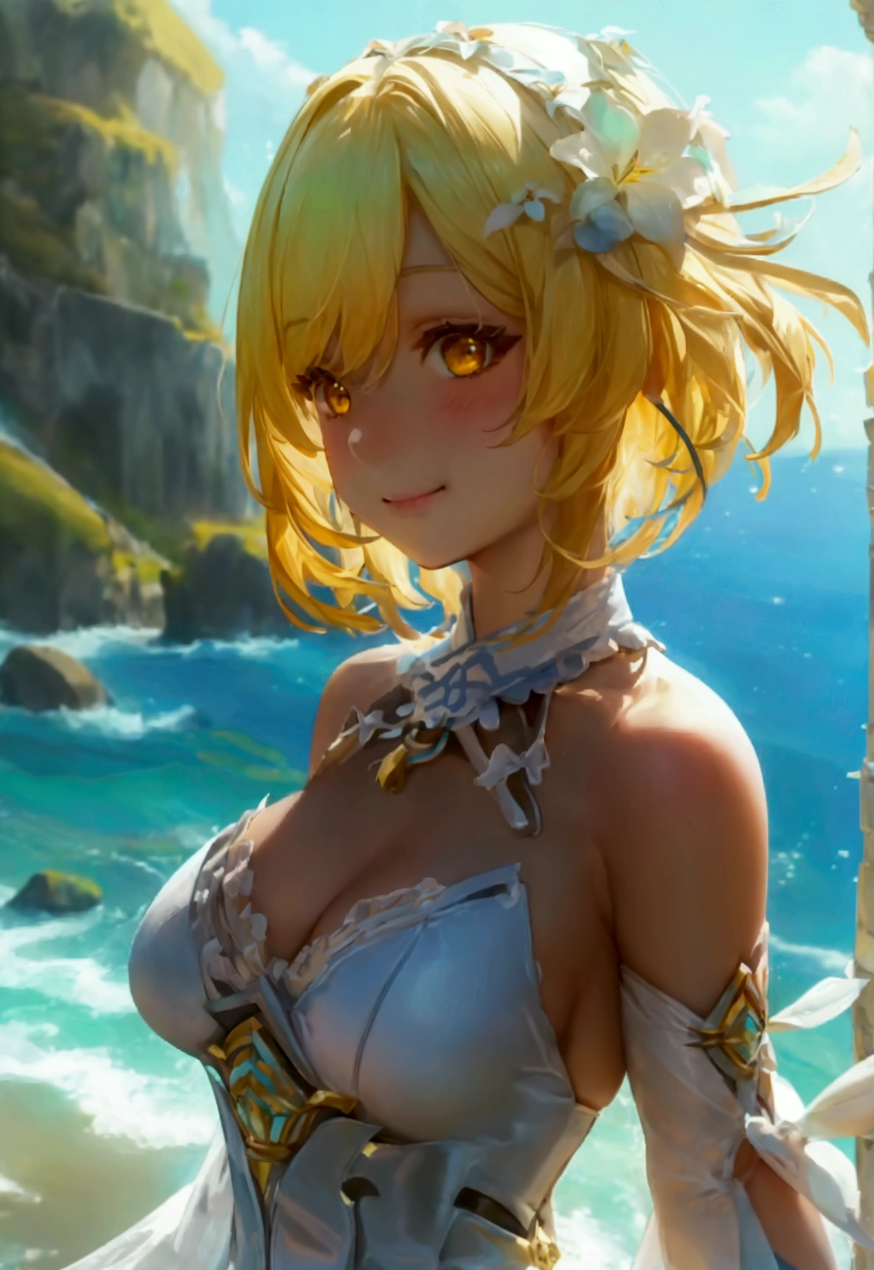 ((masterpiece)),(Highest quality),Official Art,Highly detailed CG,Unity,8k wallpaper,Lighthouse on top of a cliff by the sea,One girl,alone,Upper Body,View your viewers,Light (Genshin Impact),Blonde,Hair Flowers,hair ornaments,Yellow Eyes,White Dress,Removable sleeves,Long hair short hair,White flower,Bare shoulders,smile,Cleavage,White knee socks,bangs,Frills,blush,Medium chest,Long sleeve,Side Lock,Halter neck,Cleavage,Hair between the eyes,zettai ryouiki,White sleeves,See-through,feather hair ornaments,