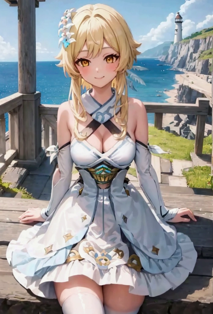 ((masterpiece)),(Highest quality),Official Art,Highly detailed CG,Unity,8k wallpaper,Lighthouse on top of a cliff by the sea,One girl,alone,Upper Body,View your viewers,Light (Genshin Impact),Blonde,Hair Flowers,hair ornaments,Yellow Eyes,White Dress,Removable sleeves,Long hair short hair,White flower,Bare shoulders,smile,Cleavage,White knee socks,bangs,Frills,blush,Medium chest,Long sleeve,Side Lock,Halter neck,Cleavage,Hair between the eyes,zettai ryouiki,White sleeves,See-through,feather hair ornaments,