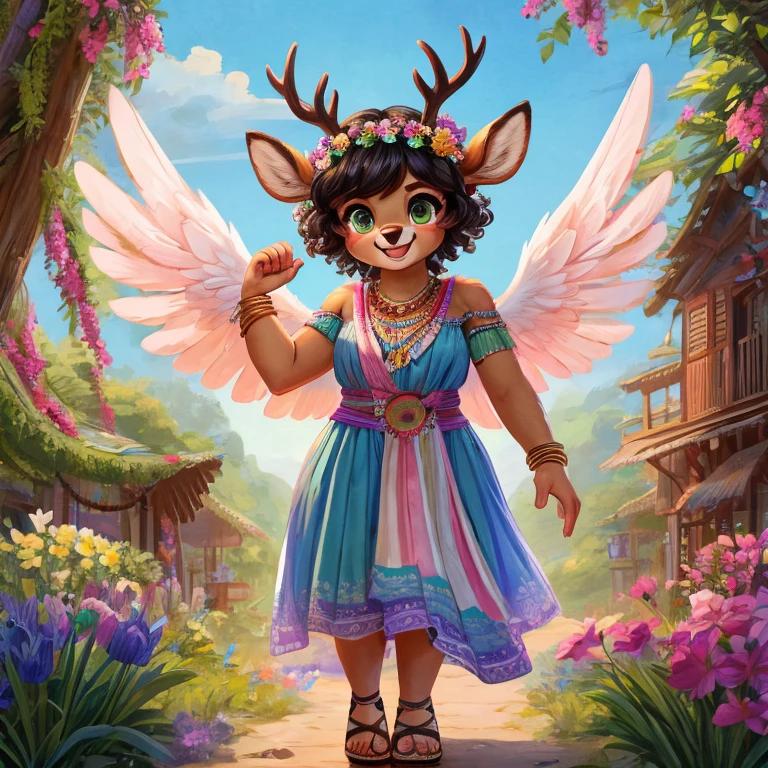Cute, deer boy, small deer antlers, innocent, chubby, fat, big thighs, androgynous, femboy, short curly hair, black hair, fawn spots, freakles, ((cute)), smiling, wearing cottage core outfit, pastel color scheme, young, cartoony, adorable, deer tail, moss green eyes, angel wings, dynamic pose, excited pose, energetic pose, happy pose, spring, spring clothes, spring colors, flowers blooming, wearing a flowy, bohemian-style maxi dress with a mix of floral patterns, the dress has a wrap style or a cinched waist with a tiered skirt, strappy flat sandals in a natural leather or a metallic finish, a floral headband or a scarf tied around the head, layered necklaces with small charms boho-style earrings and bangles, boho style, boho-chic, a small crossbody bag with fringe details, walking in an open air flee market,
