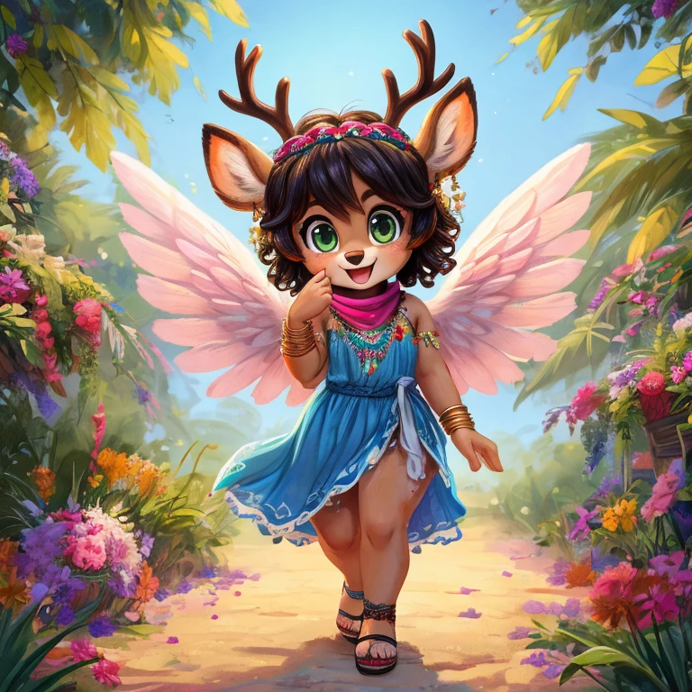 Cute, deer boy, small deer antlers, innocent, chubby, fat, big thighs, androgynous, femboy, short curly hair, black hair, fawn spots, freakles, ((cute)), smiling, wearing cottage core outfit, pastel color scheme, young, cartoony, adorable, deer tail, moss green eyes, angel wings, dynamic pose, excited pose, energetic pose, happy pose, spring, spring clothes, spring colors, flowers blooming, wearing a flowy, bohemian-style maxi dress with a mix of floral patterns, the dress has a wrap style or a cinched waist with a tiered skirt, strappy flat sandals in a natural leather or a metallic finish, a floral headband or a scarf tied around the head, layered necklaces with small charms boho-style earrings and bangles, boho style, boho-chic, a small crossbody bag with fringe details, walking in an open air flee market,