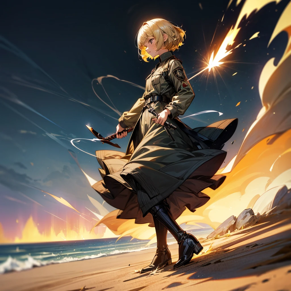 1girl, Full body version, 1character, girl version, black eyes color, bob Curly haircut, blonde colour hair, army style clothing, long skirt, long boots, knife in hand, Grassroots, background in beach, motion blur, (one piece style art), standing gesture, (high angle view) , aura effect, lighting aura, smoke effect, lighting sun, sun, plasma effect, smoke effect, fire, lighting knife
