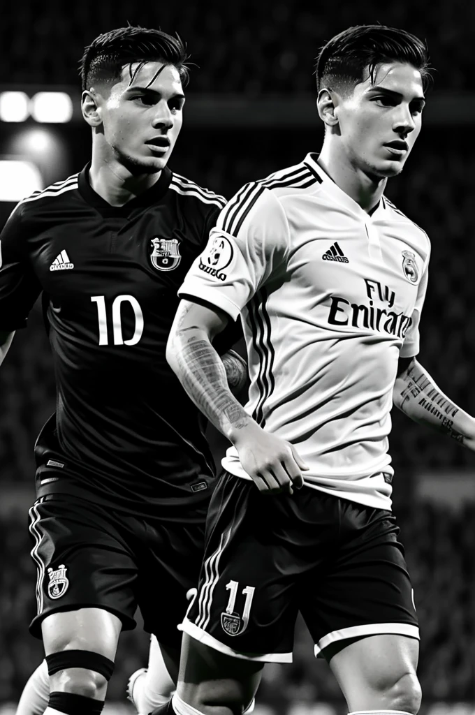 Leonel Messi half of the image and James Rodríguez the other half in black and white