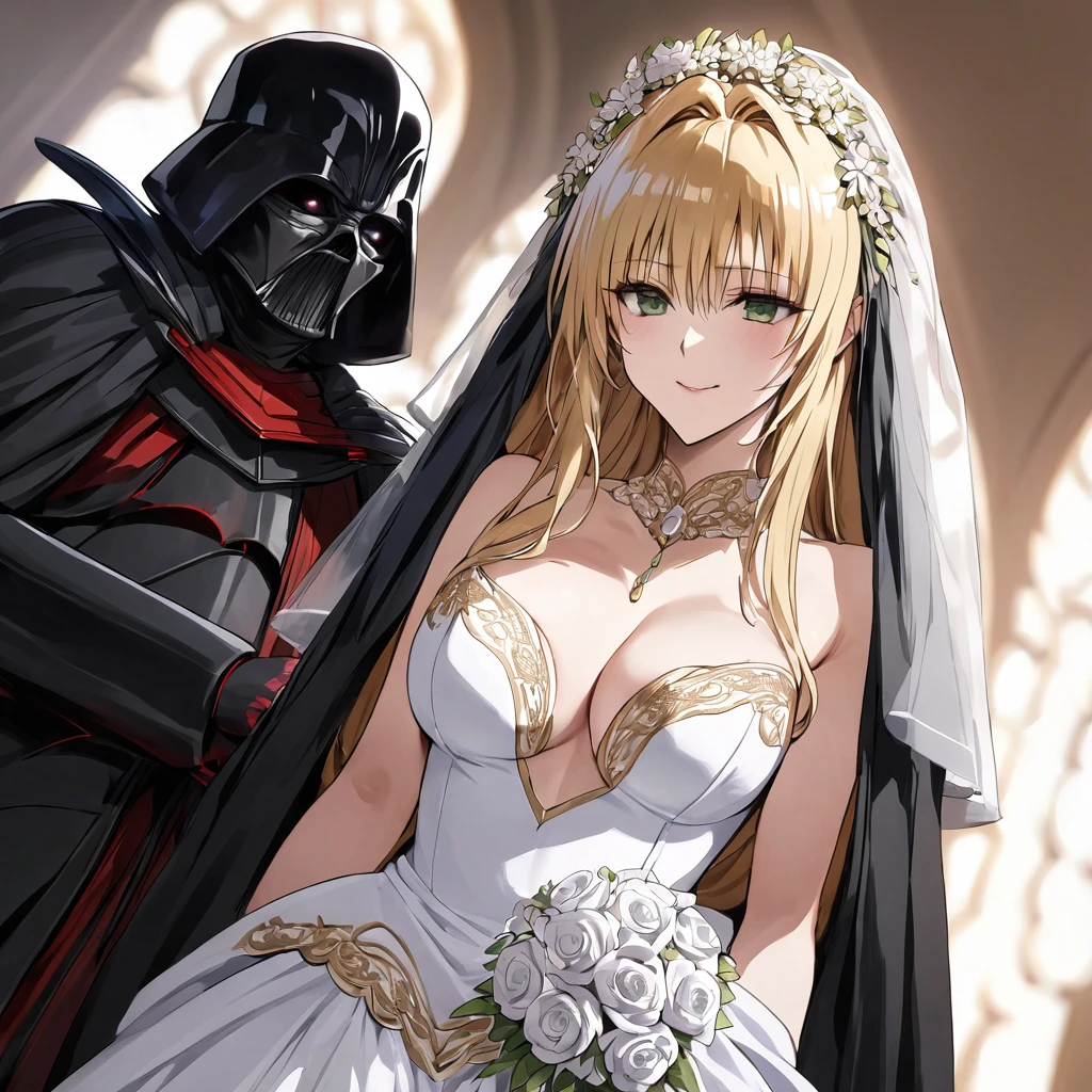 ((Highest quality)), ((masterpiece)), (detailed), （Perfect Face）、The woman is a tiare with green eyes, medium-long blonde hair, and is wearing a gorgeous wedding dress with gorgeous gold embroidery and trim, a wedding veil, and an engagement ring.、The woman is in a wedding ceremony with Emperor Palpatine、The woman is standing close to the Emperor, and the dignified old Emperor Palpatine is holding the woman close to him as they hold their wedding ceremony.、The man is Darth Sidious, Emperor Palpatine, Dark Lord of the Sith, a wrinkled, dignified, ugly old man wearing a black hooded robe. full-body shot