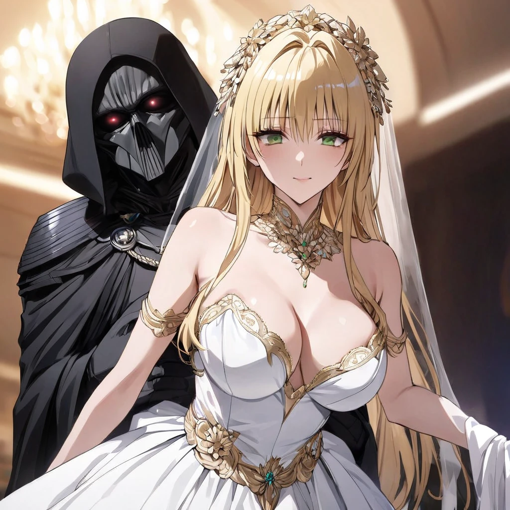 ((Highest quality)), ((masterpiece)), (detailed), （Perfect Face）、The woman is a tiare with green eyes, medium-long blonde hair, and is wearing a gorgeous wedding dress with gorgeous gold embroidery and trim, a wedding veil, and an engagement ring.、The woman is in a wedding ceremony with Emperor Palpatine、The woman is standing close to the Emperor, and the dignified old Emperor Palpatine is holding the woman close to him as they hold their wedding ceremony.、The man is Darth Sidious, Emperor Palpatine, Dark Lord of the Sith, a wrinkled, dignified, ugly old man wearing a black hooded robe. full-body shot