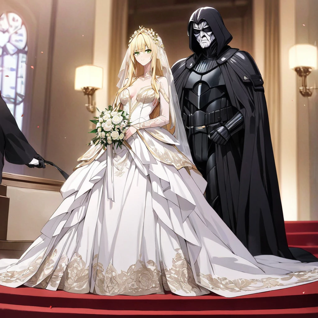 ((Highest quality)), ((masterpiece)), (detailed), （Perfect Face）、The woman is a tiare with green eyes, medium-long blonde hair, and is wearing a gorgeous wedding dress with gorgeous gold embroidery and trim, a wedding veil, and an engagement ring.、The woman is in a wedding ceremony with Emperor Palpatine、The woman is standing close to the Emperor, and the dignified old Emperor Palpatine is holding the woman close to him as they hold their wedding ceremony.、The man is Darth Sidious, Emperor Palpatine, Dark Lord of the Sith, a wrinkled, dignified, ugly old man wearing a black hooded robe. full-body shot