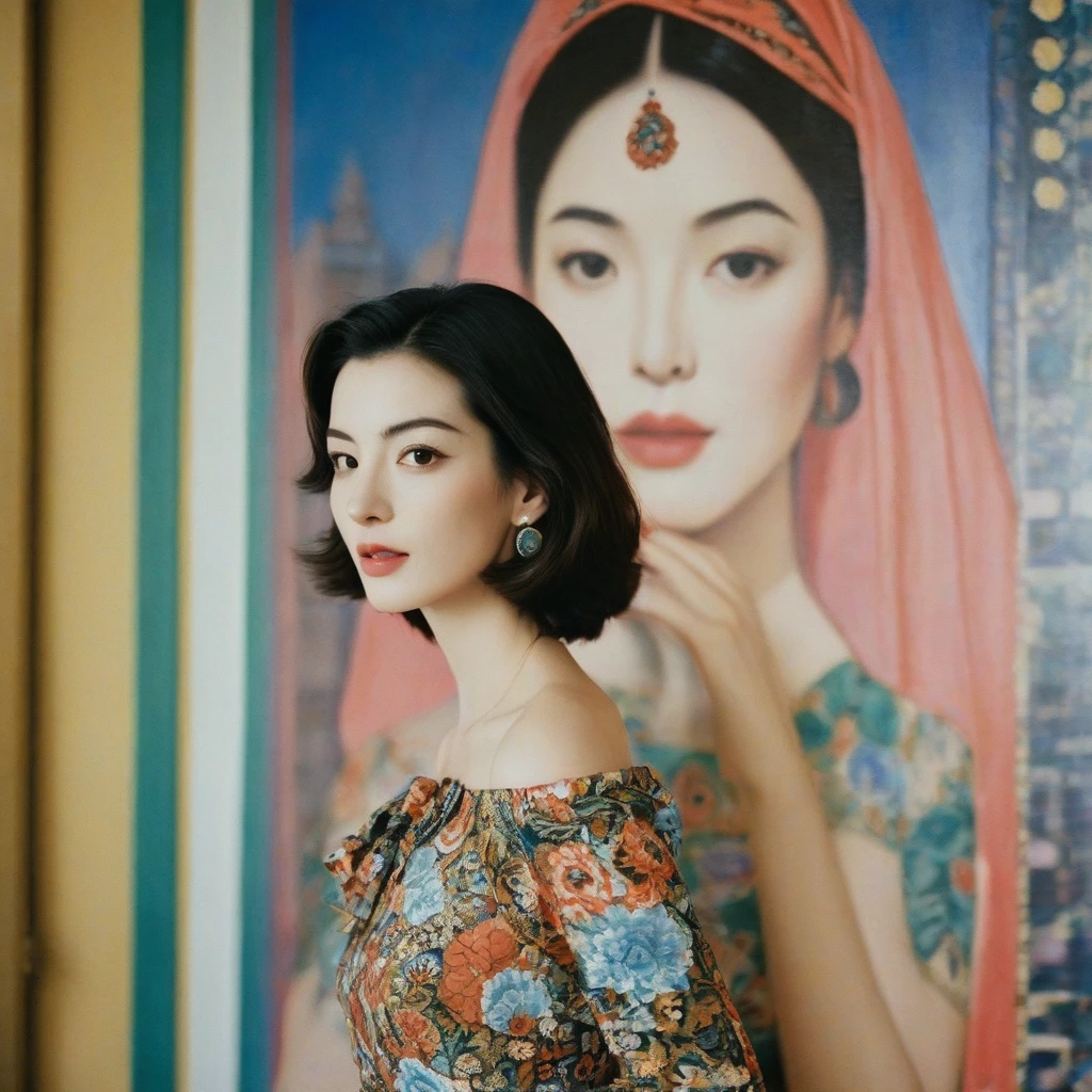 Close up portrait of a gorgeous young beautiful face Korean girls, still from the film, ((solo)), (Anne Hathaway look alike face: 0.9), in a vintage retro 60s print dress, in a vintage retro 60s print dress, wearing high heels, posing in front of a pretty 60s mural, Leica SL3, Summicron-SL 75 f/2 ASPH, kodak gold 200 film, bare shoulder, dynamic action pose,