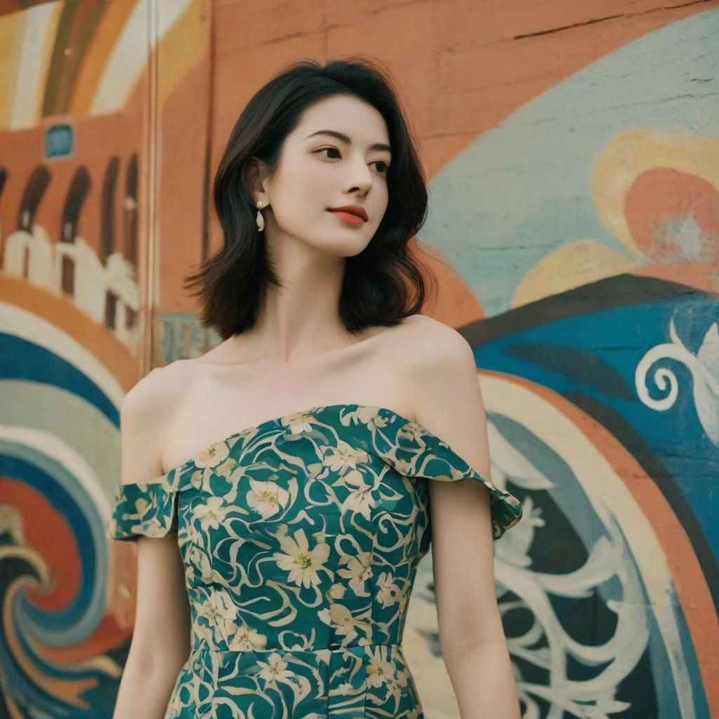 Close up portrait of a gorgeous young beautiful face Korean girls, still from the film, ((solo)), (Anne Hathaway look alike face: 0.9), in a vintage retro 60s print dress, in a vintage retro 60s print dress, wearing high heels, posing in front of a pretty 60s mural, Leica SL3, Summicron-SL 75 f/2 ASPH, kodak gold 200 film, bare shoulder, dynamic action pose,