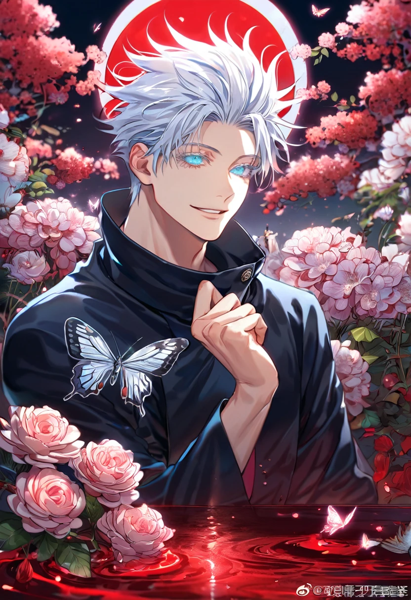 absurdres, highres, ultra detailed, HDR, master piece, extremely detailed, Gojou Satoru, white hair, blindfolded eyes, Jujutsu Kaisen, sexy man, handsome, best quality, red moon, flowers, fantasy, magical, solo, red water, red shining fireflies, red petals, handsome smile, silver small butterflies, red dust, black coat,