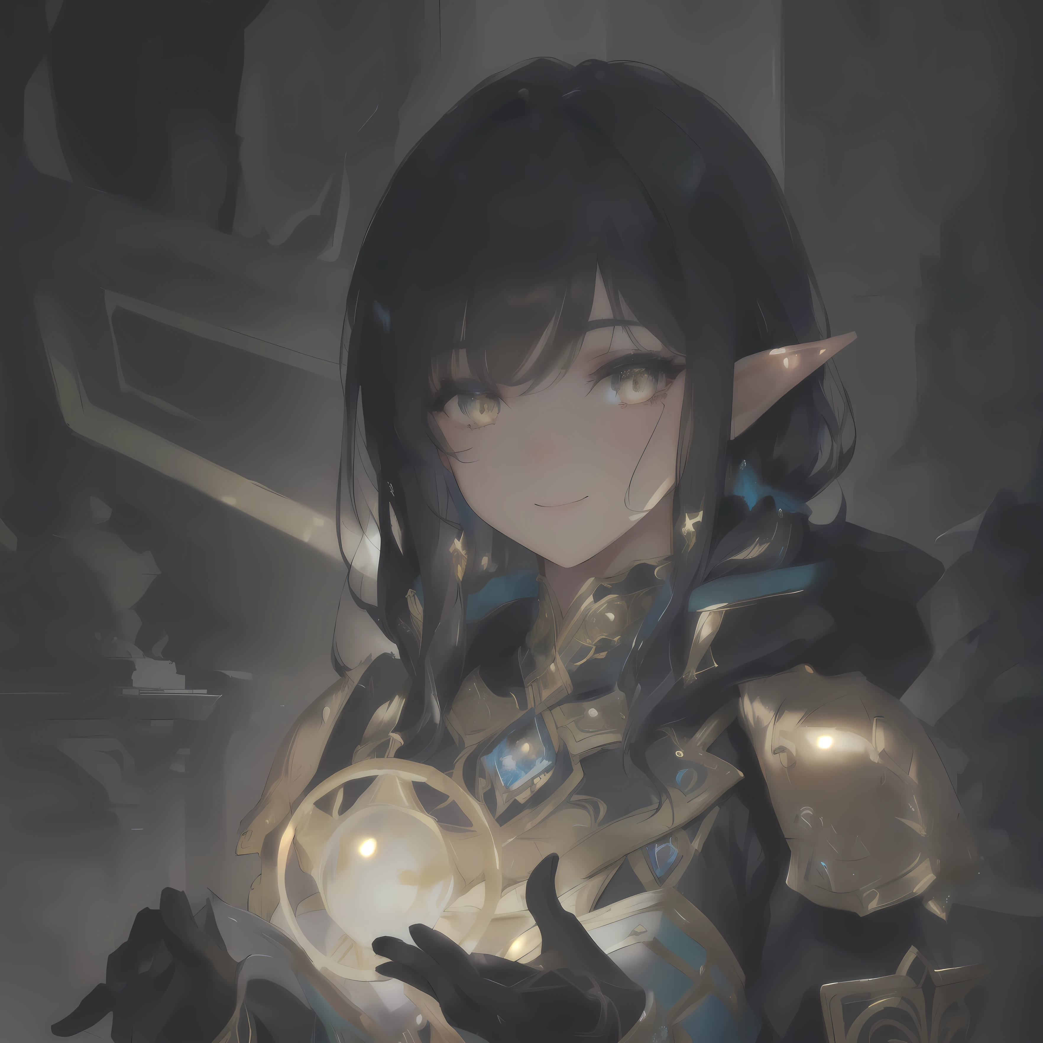A cute half dark elf, half dwarf with medium pointed ears, honey-colored eyes, curly hair, smiling, detailed face,intricate fantasy character,fantasy art,elegant dress,cinematic lighting,dramatic shadows,vibrant colors,highly detailed,digital painting,concept art,award winning