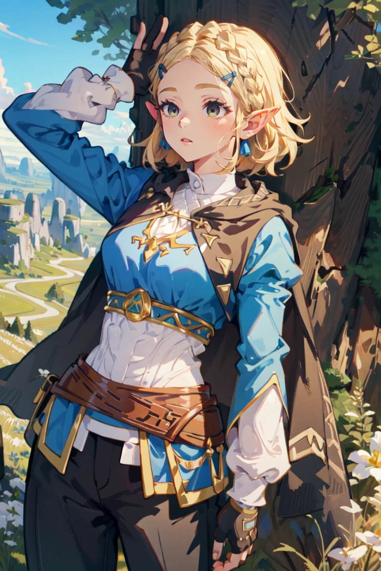((Masterpiece, top quality, high resolution)), ((highly detailed CG unified 8K wallpaper)), 1girl, Princess Zelda, short hair, crown braid, hairclip, pointy ears, brown cape, blue shirt, puffy sleeves, long sleeves, fingerless gloves, black gloves, black pants, tight pants, aazelda, long hair, crown braid, hairclip, pointy ears, blue shirt, long sleeves, fingerless gloves, black gloves, black pants, tight pants sweating, outdoors, Grass, meadow, cliffs, stony,Expressionless、Red eyes