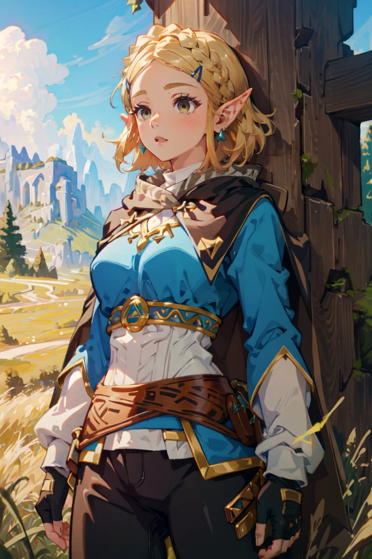 ((Masterpiece, top quality, high resolution)), ((highly detailed CG unified 8K wallpaper)), 1girl, Princess Zelda, short hair, crown braid, hairclip, pointy ears, brown cape, blue shirt, puffy sleeves, long sleeves, fingerless gloves, black gloves, black pants, tight pants, aazelda, long hair, crown braid, hairclip, pointy ears, blue shirt, long sleeves, fingerless gloves, black gloves, black pants, tight pants sweating, outdoors, Grass, meadow, cliffs, stony,Expressionless、Red eyes