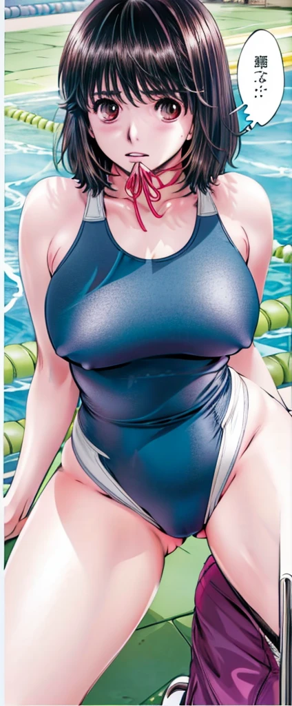 A boyish, short-haired, busty, beautiful-legged beauty is standing by the pool in a competitive swimsuit with her legs spread to the sides, her mouth open, and her face blushing.。There is a close-up angle of the chest area.。