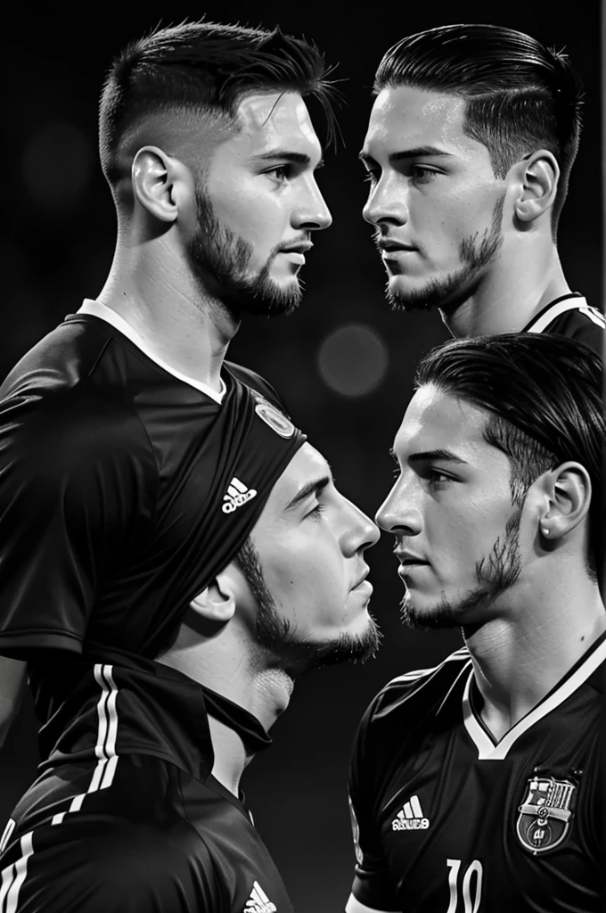 Face of Messi and face of James Rodríguez looking forward facing each other in black and white